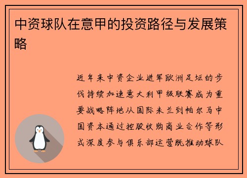 中资球队在意甲的投资路径与发展策略